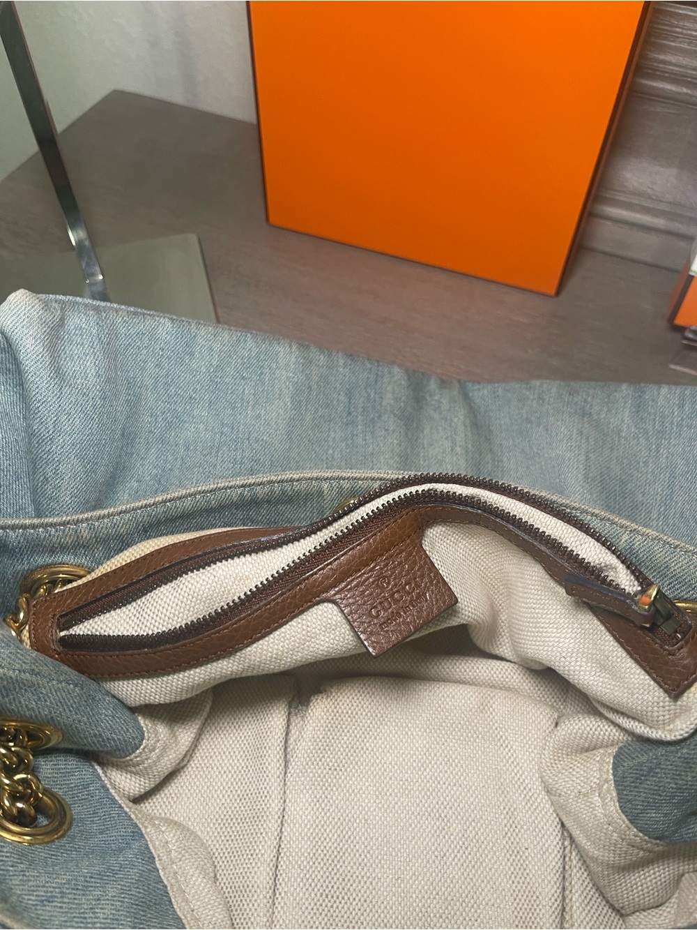 Gucci Light Blue Denim Shoulder Bag with Brown Leather Tassel - Picture 12 of 13